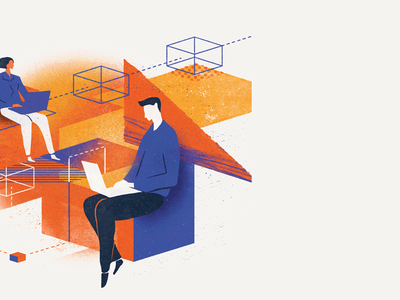  Man and woman using laptops and connected blocks - Credit: Ikon - 00029421